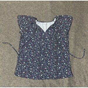 SimpleFun Women's Size M Blouse Navy Blue Floral V-Neck Flutter Sleeve Tie Waist